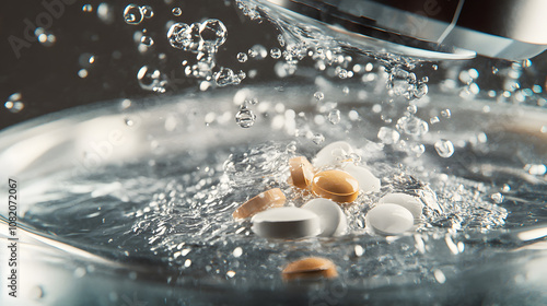 Detailed shot of a medical tablet disintegrating in water under a microscope.