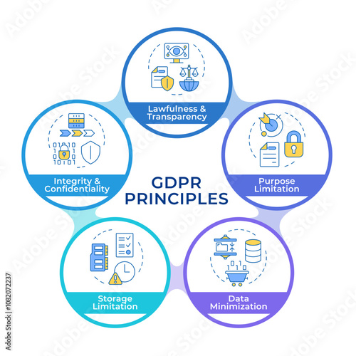GDPR principles infographic circles flowchart. General data protection regulation. Visualization diagram with 5 steps. Circular info graphic editable. Montserrat SemiBold font used