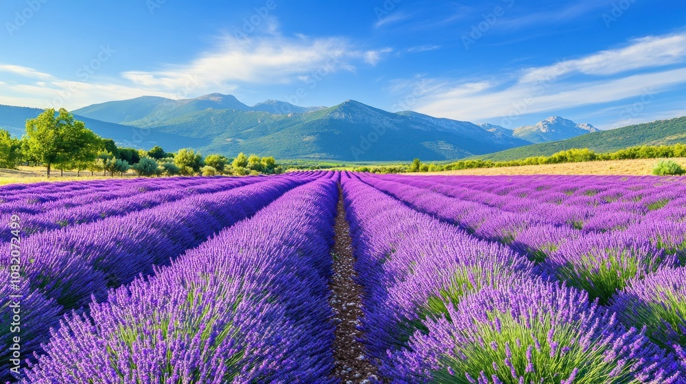 Obraz premium Lavender Field in the French Countryside with Mountain Range in the Background