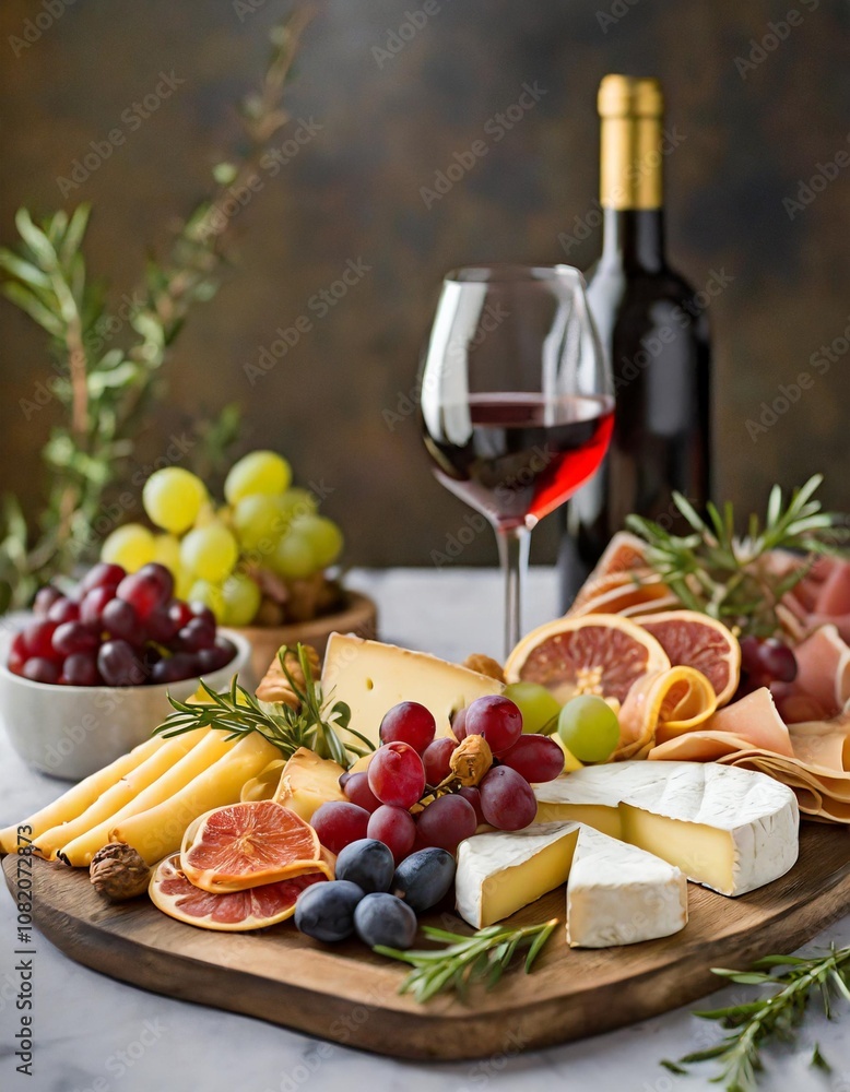 Sophisticated Wine and Charcuterie Board With Artisan Cheeses, Cured Meats, Fresh Fruit, and Herb Garnishes for a Refined and Luxurious Culinary Experience Sophisticated Wine and Charcuterie Board With Artisan Cheeses, Cured Meats, Fresh Fruit, and Herb Garnishes for a Refined and Luxurious Culinary Experience