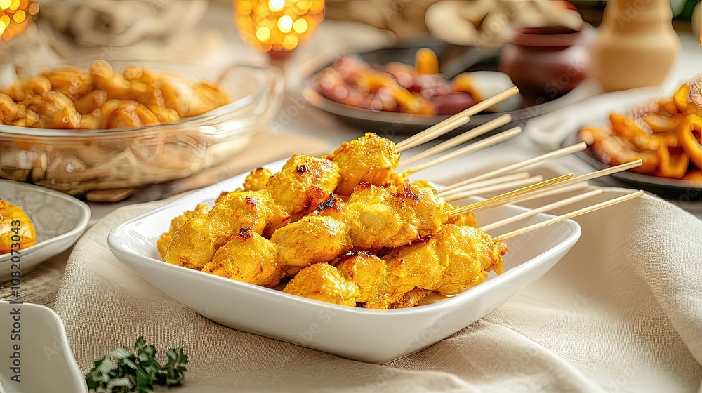 Delicious skewers on a table surrounded by various dishes. Delicious skewers on a table surrounded by various dishes.