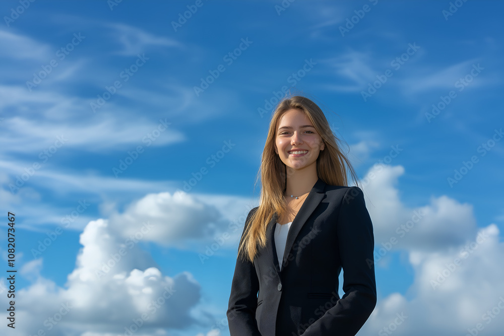 High school teenage girl portrait standing with the sky in the background High school teenage girl portrait standing with the sky in the background