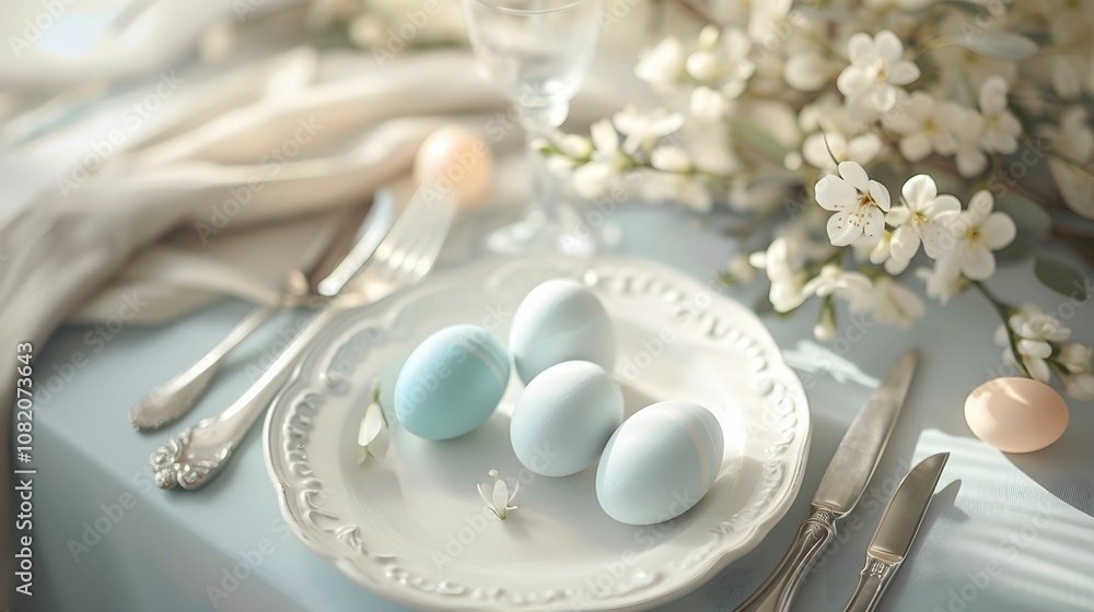 A serene spring table setting with pastel eggs, delicate flowers, and elegant cutlery during brunch A serene spring table setting with pastel eggs, delicate flowers, and elegant cutlery during brunch