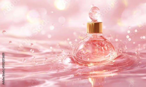 A bottle of perfume is floating in a pink body of water