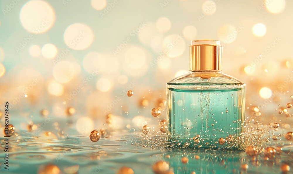 A bottle of perfume is on a table with a lot of glitter A bottle of perfume is on a table with a lot of glitter