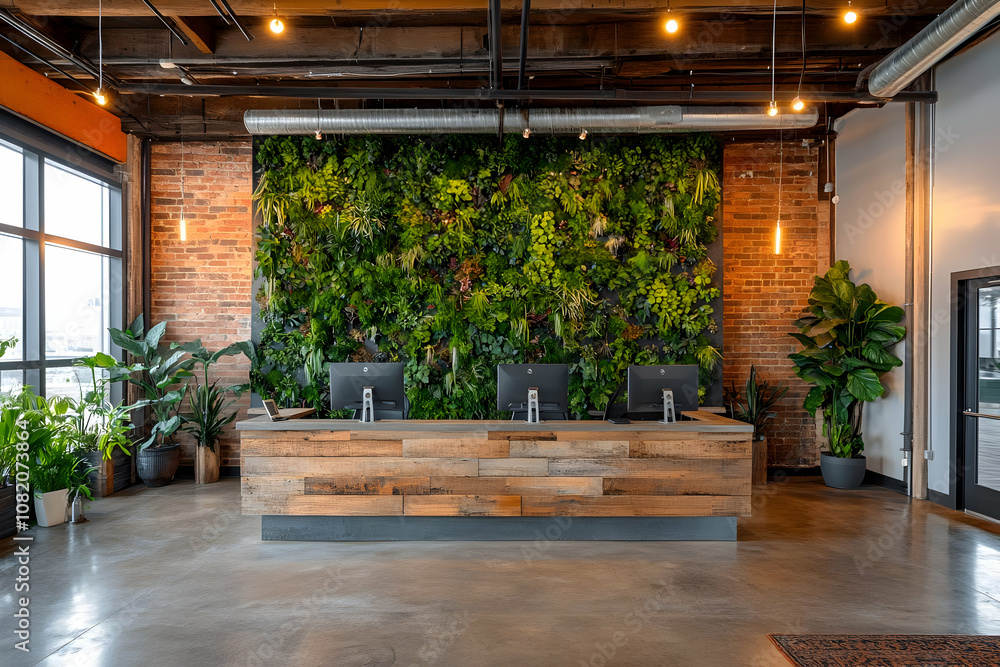 Photo - Modern Office Interior Design with Living Wall, Reclaimed Wood, Exposed Brick