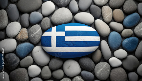 A painted pebble featuring the Greece flag rests among beach pebbles photo