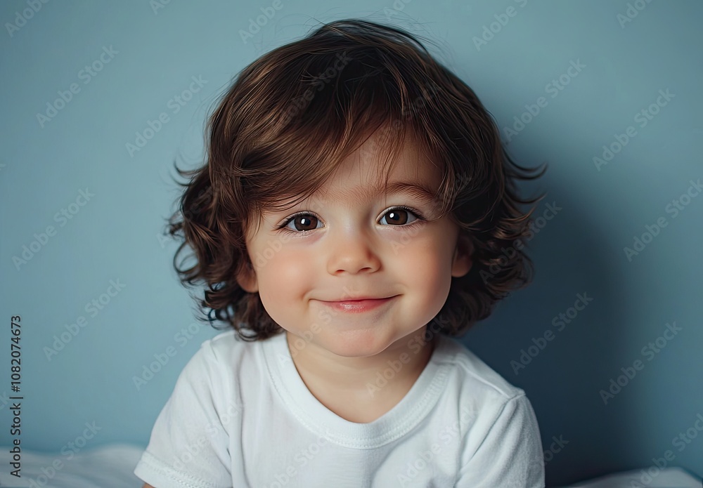 A beautiful baby boy with dark brown hair and big eyes, wearing a white short-sleeved shirt, smiling while sitting on the bed A beautiful baby boy with dark brown hair and big eyes, wearing a white short-sleeved shirt, smiling while sitting on the bed