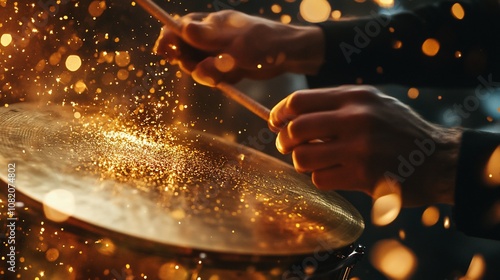 A drummer's hands hitting a cymbal, creating sparks and a cloud of smoke, with a bokeh background. photo