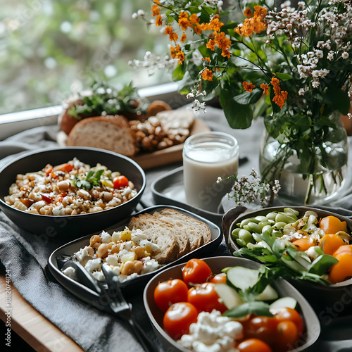 Photo Healthy Vegan Food Variety Table Bread Vegetables Cheese Flowers