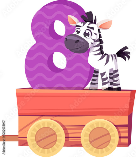 Cute train with animals and numbers. Cartoon funny and happy animals ride toy railway locomotive with number signs. Children educational cards