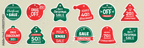 Christmas sale stickers and label. Price tag holiday. Christmas red and green stickers
