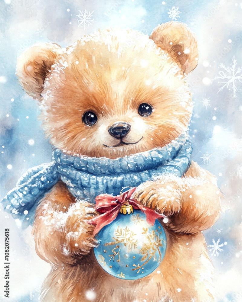 Adorable Teddy Bear with Christmas Ornament in Snowy Backdrop Adorable Teddy Bear with Christmas Ornament in Snowy Backdrop