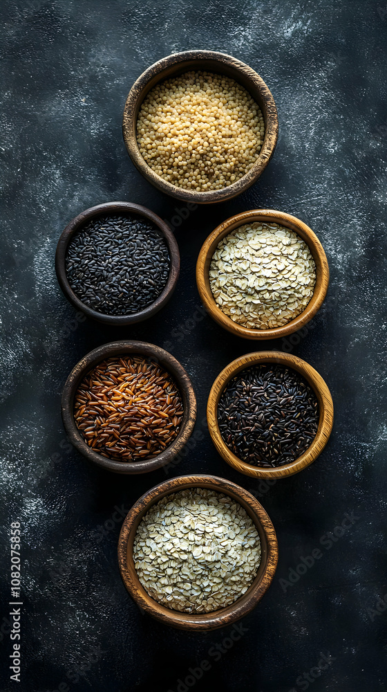 Photo of Assorted Grains in Bowls on Dark Background Photo of Assorted Grains in Bowls on Dark Background