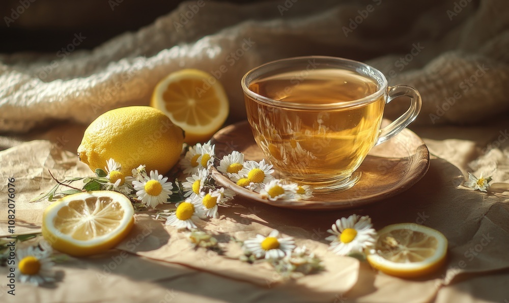 A cup of tea with a lemon slice in it A cup of tea with a lemon slice in it