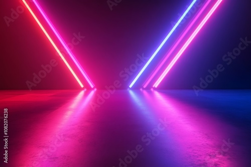 Vibrant abstract background featuring glowing ultraviolet laser rays creating a chaotic trajectory path in a dimly lit space photo