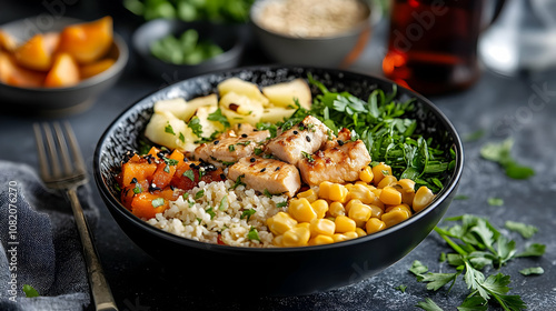 Photo, Grilled Chicken, Bulgur, Corn, Parsley Healthy Bowl