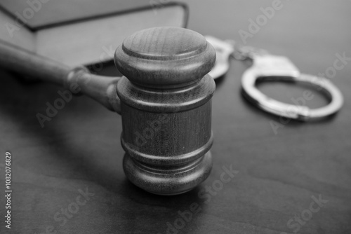 Fotografie Legal book with wooden gavel and handcuffs on table.