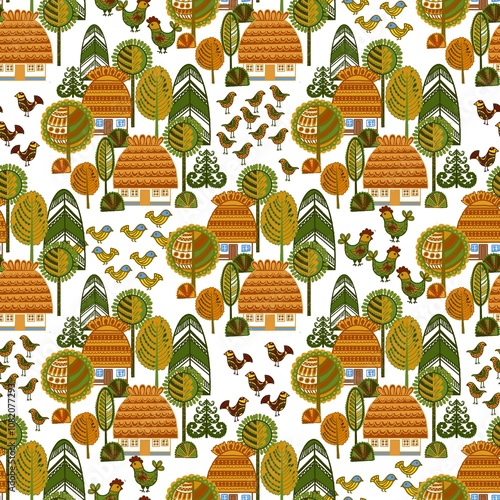 Ukrainian village. Folk art style.rtwork