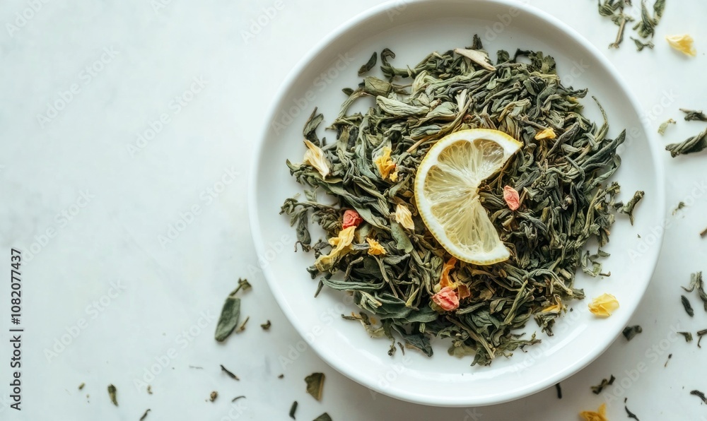 A white plate with a pile of herbs and a lemon slice on top A white plate with a pile of herbs and a lemon slice on top