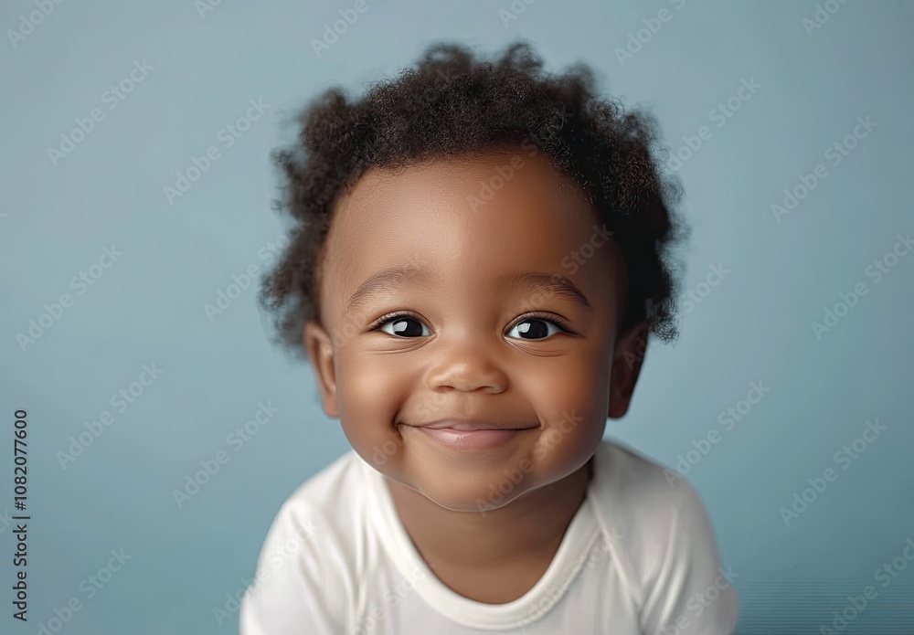 A beautiful baby boy with dark brown hair and big eyes, wearing a white short-sleeved shirt, smiling while sitting on the bed A beautiful baby boy with dark brown hair and big eyes, wearing a white short-sleeved shirt, smiling while sitting on the bed