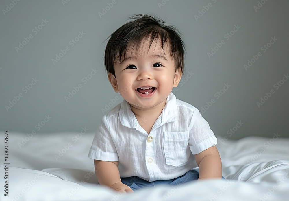 A happy baby boy wearing a white short-sleeved shirt and blue shorts, smiling with teeth showing, sitting on a bed A happy baby boy wearing a white short-sleeved shirt and blue shorts, smiling with teeth showing, sitting on a bed