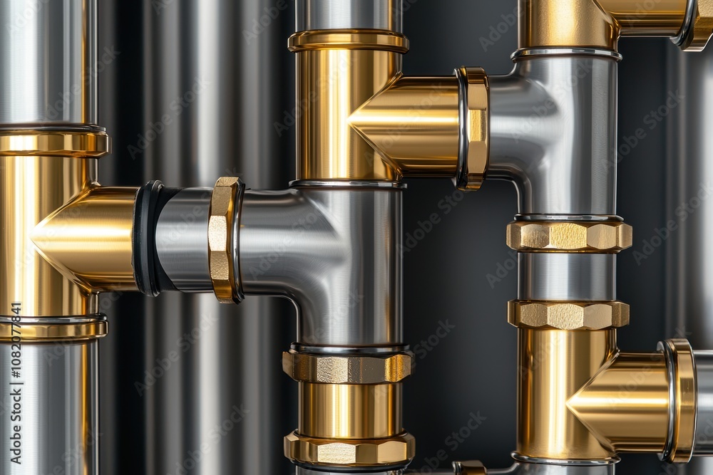 Polished steel pipes with golden accents in an intricate network, representing advanced industrial plumbing and precise engineering Polished steel pipes with golden accents in an intricate network, representing advanced industrial plumbing and precise engineering