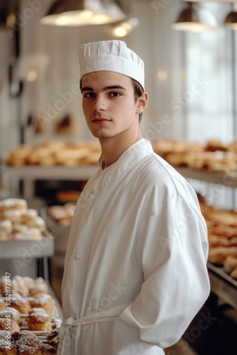 A person stands in front of a display of donuts, ideal for food and bakery related projects photo