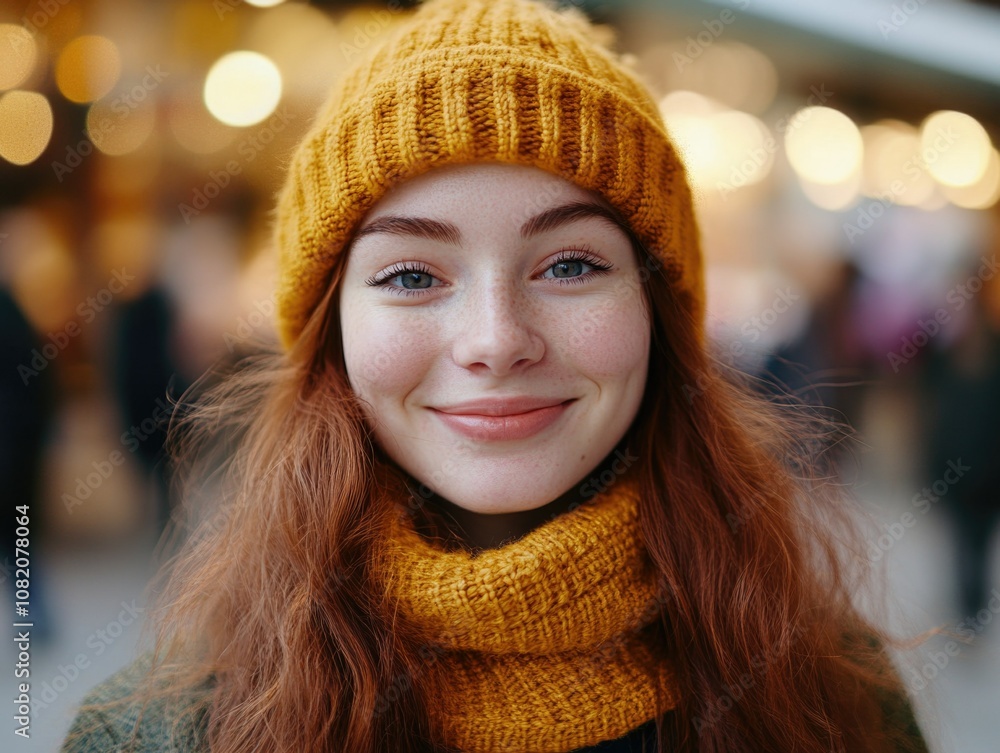 Autumn Smile: Young Woman in Knit Scarf and Yellow Coat Autumn Smile: Young Woman in Knit Scarf and Yellow Coat