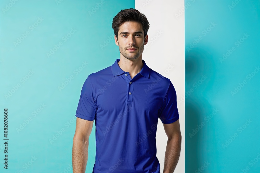 Young Man Presenting Classic Polo Shirt Mockup Against Bright Turquoise Background Young Man Presenting Classic Polo Shirt Mockup Against Bright Turquoise Background