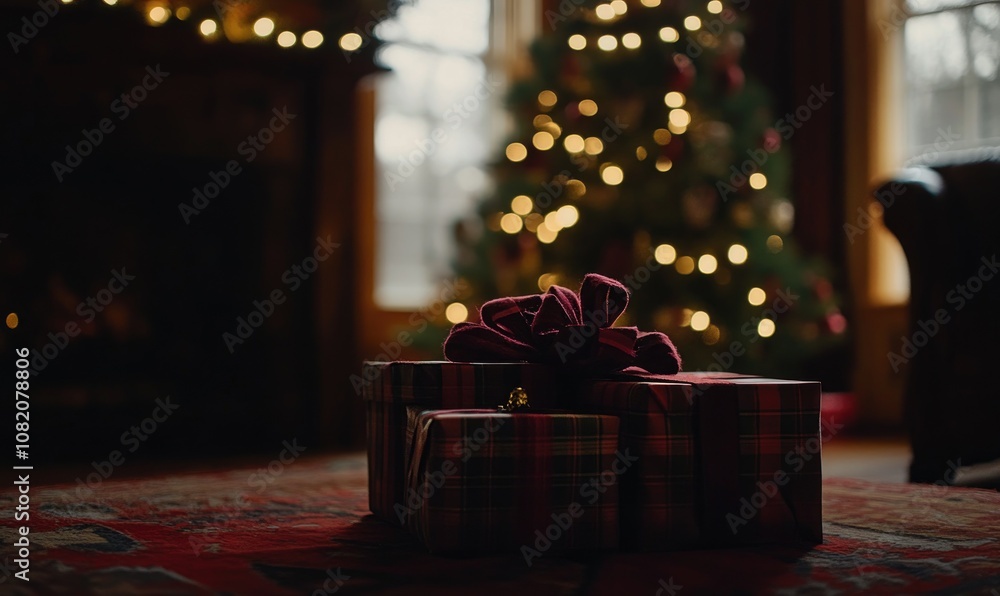 A red and white plaid box with a red bow on top of it A red and white plaid box with a red bow on top of it