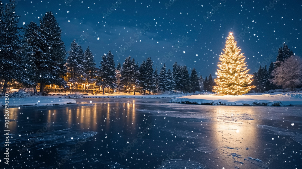 Fototapeta premium Frozen Lake with Christmas Tree and Starry Sky