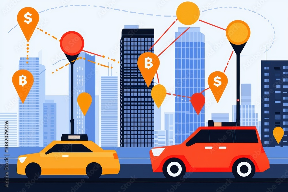 Traffic monitoring, data analytics overlaying city streets, flat design illustration Traffic monitoring, data analytics overlaying city streets, flat design illustration