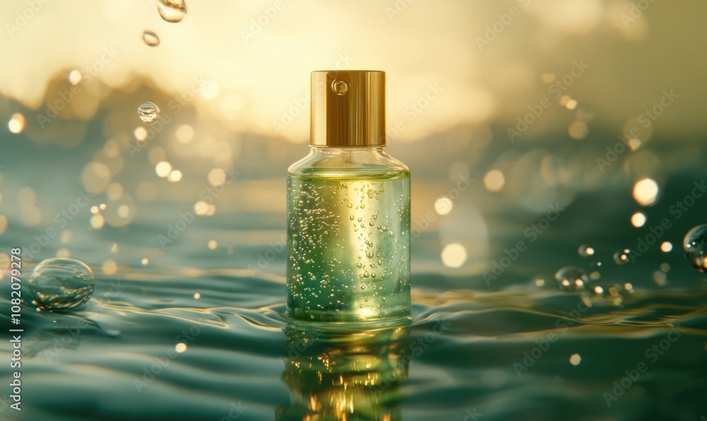 A bottle of perfume is floating in a pool of water A bottle of perfume is floating in a pool of water