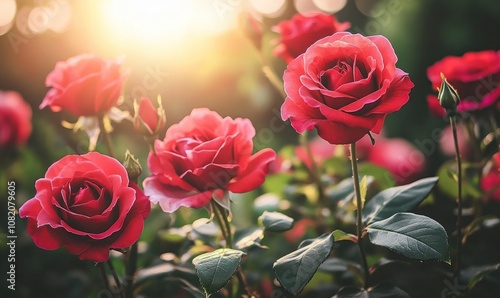 A bunch of red roses are in a garden
