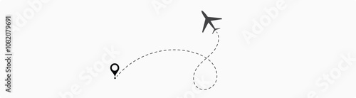 Airplane line path vector icon set of air plane flight route with start point and dash line trace. Plane vector icon and dotted line airplane path 2