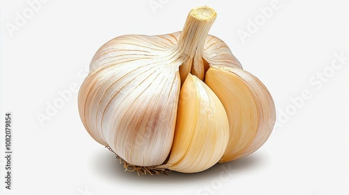 A photostock of a whole garlic bulb with cloves attached on isolated on transparent PNG background, High Quality.