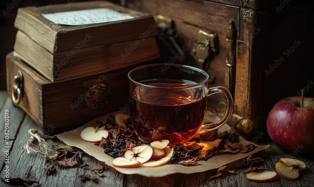 A cup of tea is on a table next to a book and some apples A cup of tea is on a table next to a book and some apples