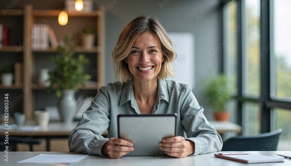 Successful businesswoman with radiant smile using digital tablet in modern cozy office. Natural lighting and contemporary workspace create authentic atmosphere for remote work and digital lifestyle Successful businesswoman with radiant smile using digital tablet in modern cozy office. Natural lighting and contemporary workspace create authentic atmosphere for remote work and digital lifestyle