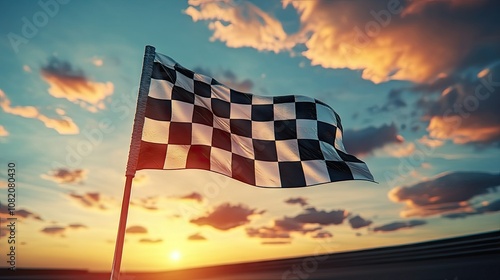 Low-angle view of checkered flag waving against a sunset sky, emphasizing victory and achievement.