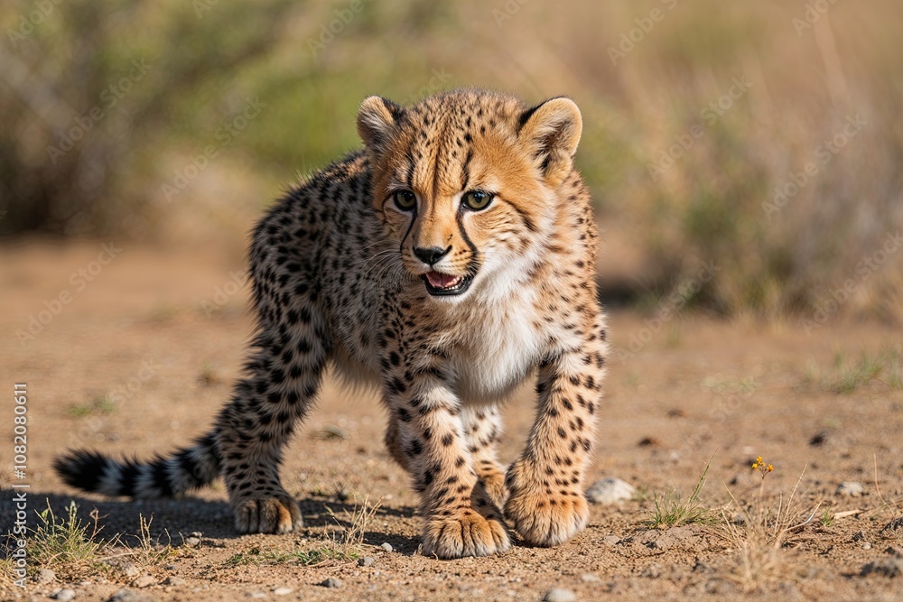 Fototapeta premium Cheetah Cub Engaging Playfully in Natural Habitat with Active Behavior