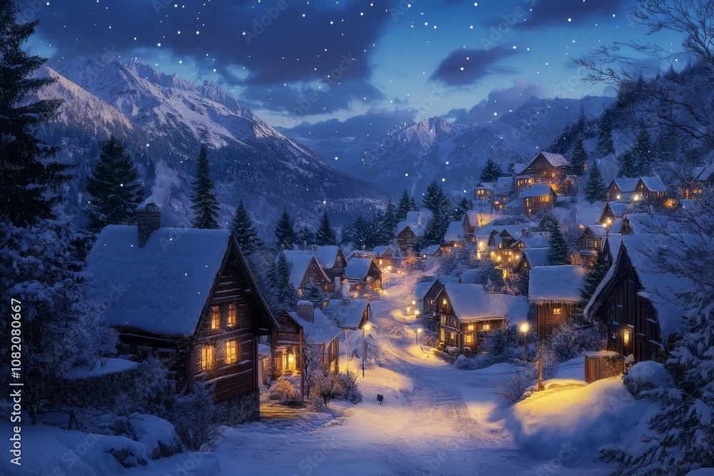 In a picturesque alpine village blanketed in snow, surrounded by majestic mountains and twinkling lights, the serene winter landscape is perfect for exploration and enjoying nature In a picturesque alpine village blanketed in snow, surrounded by majestic mountains and twinkling lights, the serene winter landscape is perfect for exploration and enjoying nature
