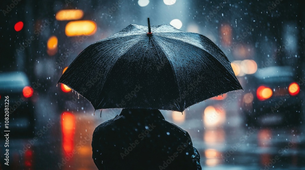 Man holding an umbrella in a downpour, water dripping down the edges as the rain falls around him on a dark street Man holding an umbrella in a downpour, water dripping down the edges as the rain falls around him on a dark street
