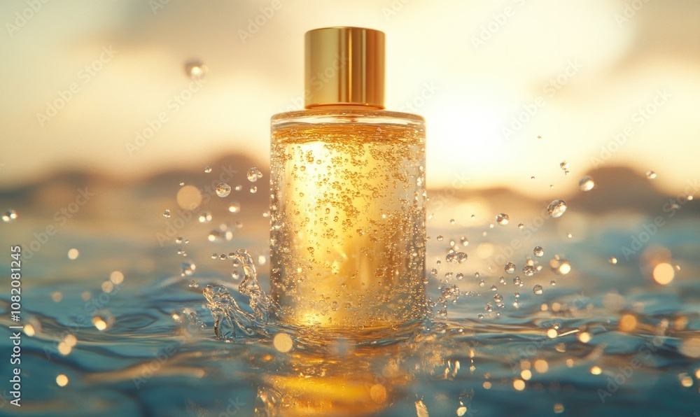 A bottle of perfume is floating in the water A bottle of perfume is floating in the water