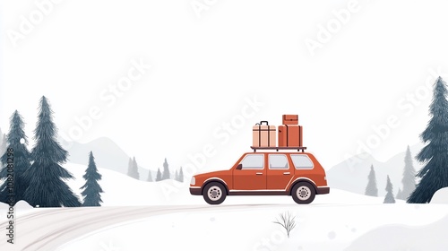 Red car with luggage on snowy road.