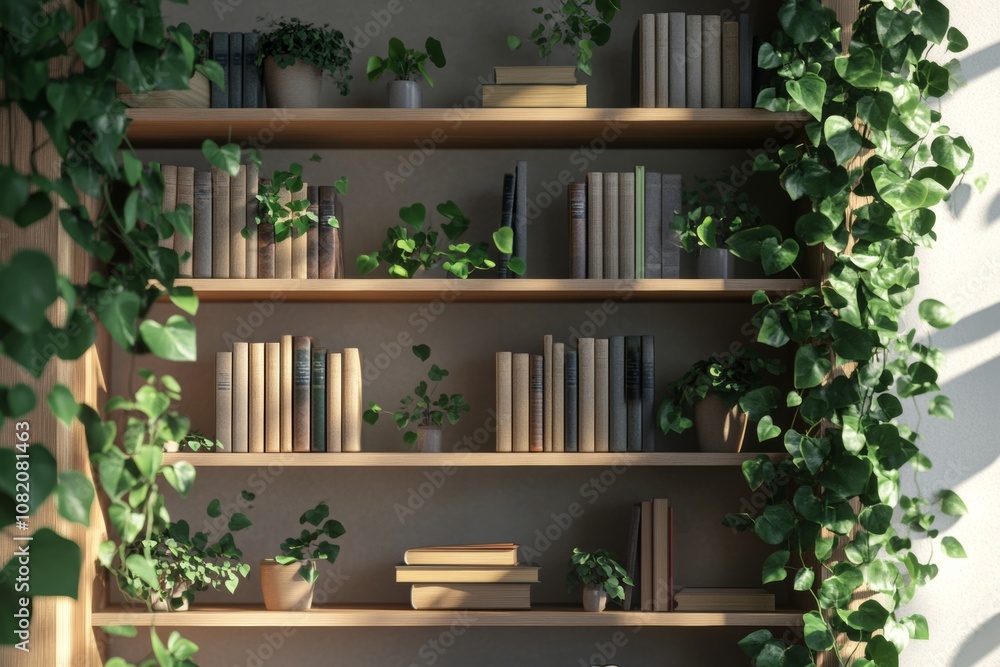A modern bookshelf featuring plants as a decorative element for virtual office and studio backgrounds in contemporary design A modern bookshelf featuring plants as a decorative element for virtual office and studio backgrounds in contemporary design