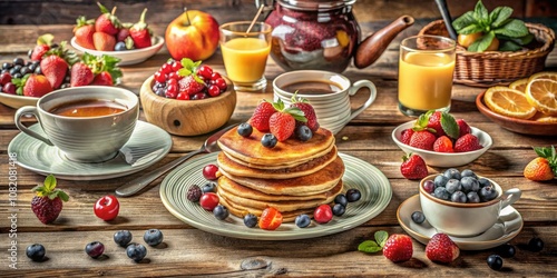 Morning Feast Delight: A Table Spread with Delicious Breakfast Foods, Fresh Fruits, and Cozy Vibes for a Perfect Start to the Day