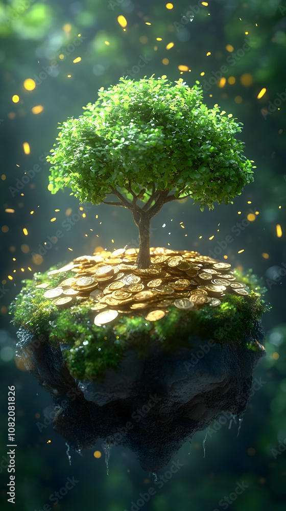 3D Illustration Money Tree Growing on Floating Island Gold Coins 3D Illustration Money Tree Growing on Floating Island Gold Coins