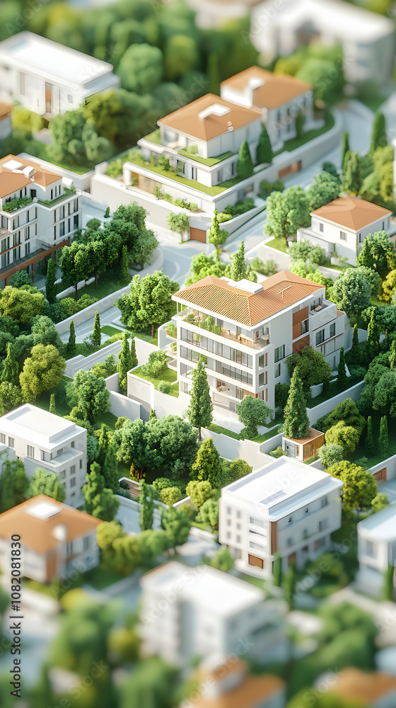 Fototapeta premium 3D Illustration Green City Modern Architecture Residential Area
