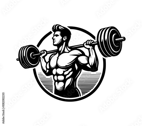 man lift barbell engraving black and white outline